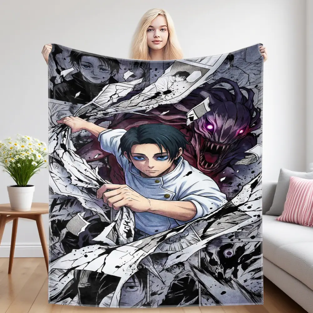 Jujutsu Kaisen Inspired Flannel Fleece Blanket - Gojo Satoru, Toji Fushiguro, Yuji Itadori, Yuta Okkotsu - Ultra Soft Throw for Sofa, Bed - Cozy Lightweight All Season Gift for Anime Lovers, Anime Fans, Flannel Fleece Blankets
