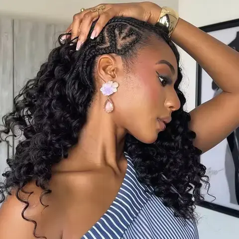 BLING HAIR Female Deep Wave Feather Crochet Extensions for Black Women, 50g Per Bundle, Pre-Separated Knotless Invisible Human Hair Pieces with Curly Wave Textures