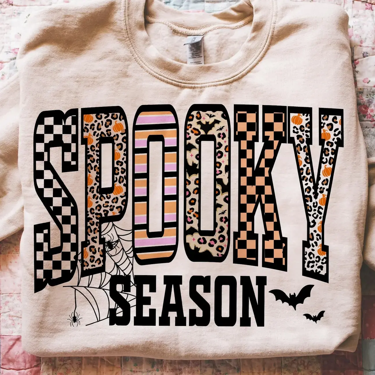 Retro Halloween Spooky Coquette Sweatshirt , Halloween Leopard Checkered Fall Pullover , Spooky Season Crewneck, Halloween Girly Fall Top - HUNTWEAR SHOP