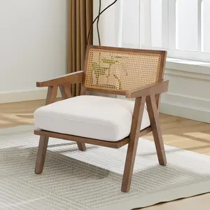 GAOMON Mid-Century Farmhouse Accent Chair - Wood Armchair with Rattan Backrest & Linen Cushion for Living Room, Bedroom - Beige, Easy Assembly