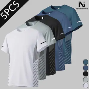 Men's 5 Pack Athletic T-Shirts, Breathable Crew Neck Short-Sleeve Tees with Side Mesh Panels and Reflective Stripes, Functional for Gym & Summer Wear