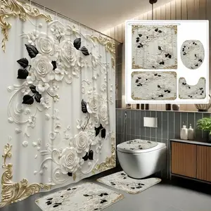 1/4pc Luxurious Floral Pattern 2D Design Shower Curtain Set, Bathroom Shower Equipment, including shower curtain, toilet seat cover, rectangular mat, and U-shaped mat, perfect for bathroom décor, beautifying the space. Comes with 12 shower curtain hooks.