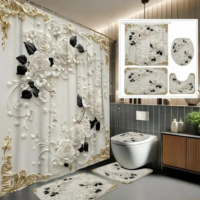 1/4pc Luxurious Floral Pattern 2D Design Shower Curtain Set, Bathroom Shower Equipment, including shower curtain, toilet seat cover, rectangular mat, and U-shaped mat, perfect for bathroom décor, beautifying the space. Comes with 12 shower curtain hooks.