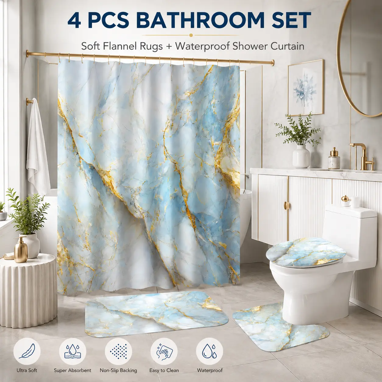 4 Pcs Blue Marble Bathroom Set with Shower Curtain and Rugs, Waterproof Polyester Shower Curtain, Soft Flannel Bath Mats, Non Slip U-Shaped Toilet Rug and Toilet Lid Cover for Modern Bathroom Decor