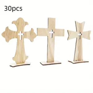 30pcs Wooden Crosses Candle Holder Projection Standing Cross, Christian Baptism Table Centerpieces, First Communion Altar Supplies Decor, Home Decor, Desk Accessories, Halloween Decorations - Manufactured Wood, No Electricity Needed.