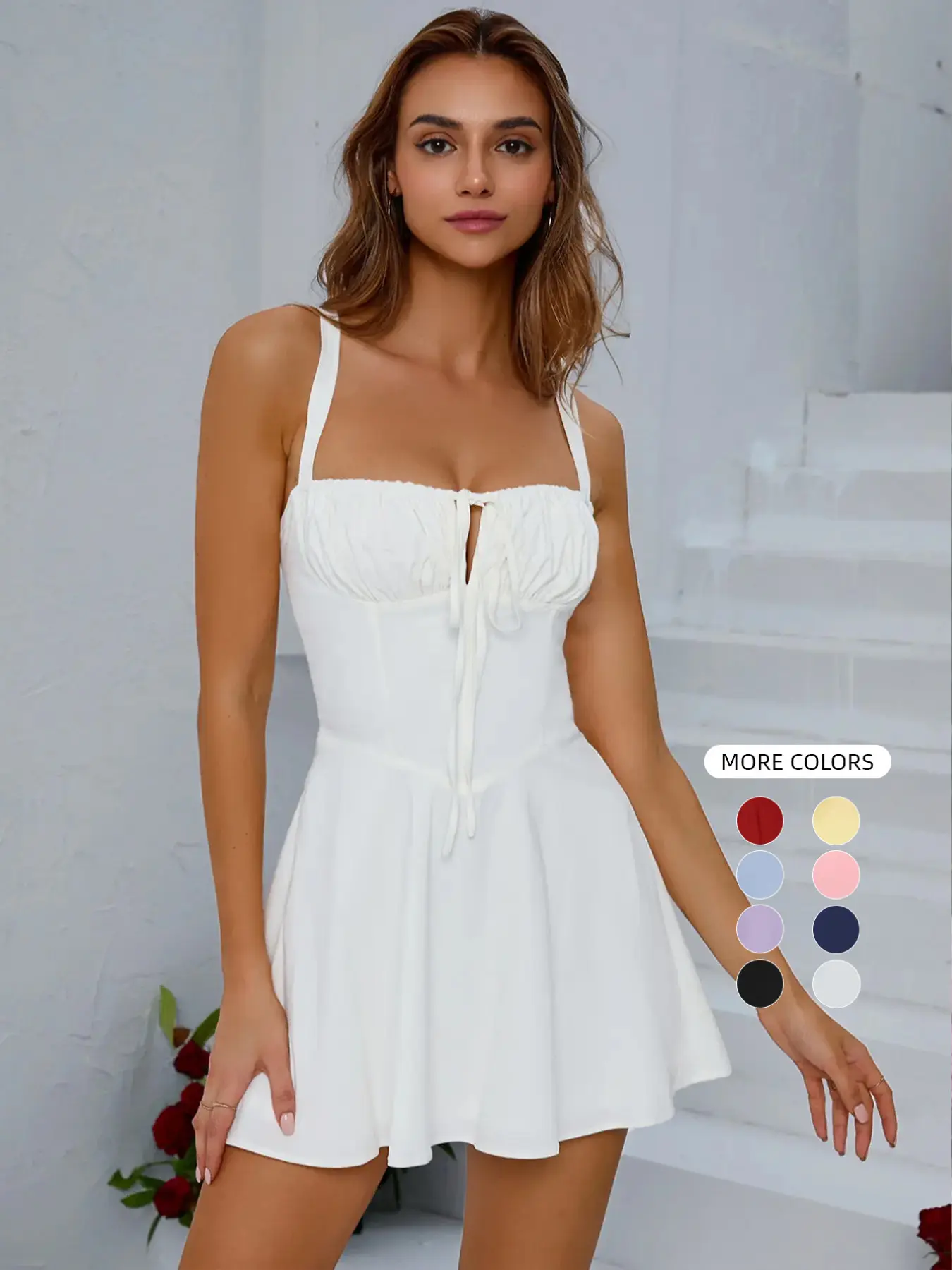 Parthea Square Neck Backless Cross Strap Sleeveless Summer Warmer Weather Dress, Elegant Casual Fashion Commuter Short Dress, Slim-Fitting Solid Pattern Dress, Womenswear