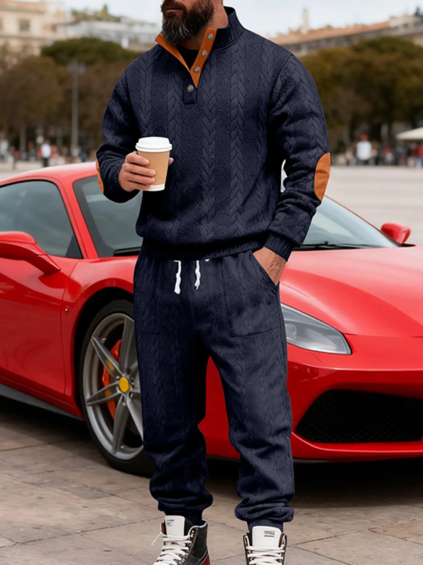 Men's 2-Piece Stand Collar Sweat Suit Set, Athleisure Workout Set - Button Collar with Elbow Patches & Drawstring Sweatpants, Comfortable, Suitable for Sports, Outdoor Fitness Wear & Daily Wear, Must-Have for Autumn