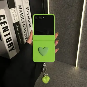 Hinged Soft-Touch Fluorescent Green 3D DIY Heart + Matching Heart Charm Flip Foldable Anti-Drop Protective Case for Samsung Galaxy Z Flip 7 FE / Z Flip 7 / Z Flip 6 / Z Flip 5