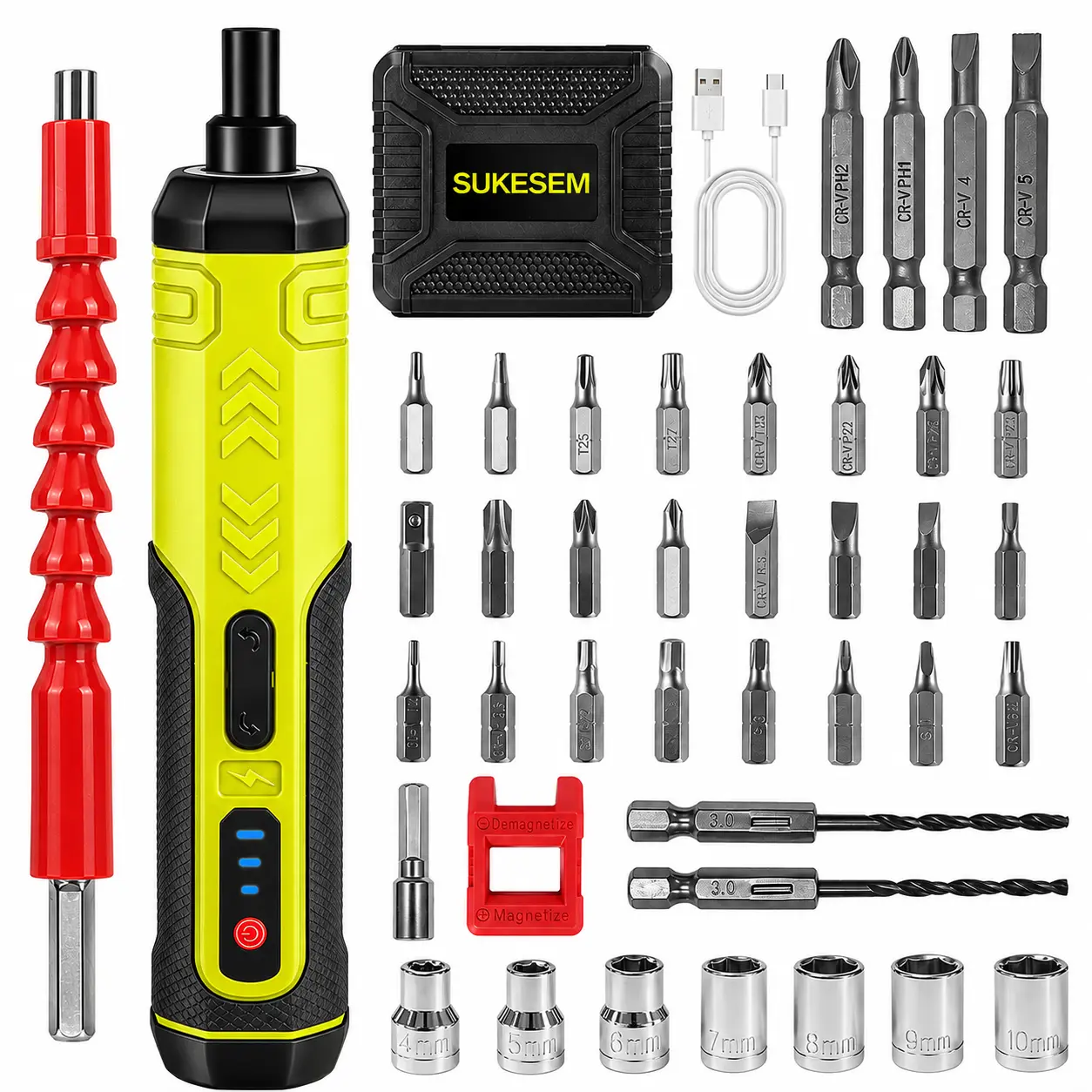 SUKESEM Cordless Electric Screwdriver Kit, 47-Piece Rechargeable Power Screwdriver with 3 Torque Settings, LED Lights, USB-C Charge for Home DIY Tasks, Furniture Assembly