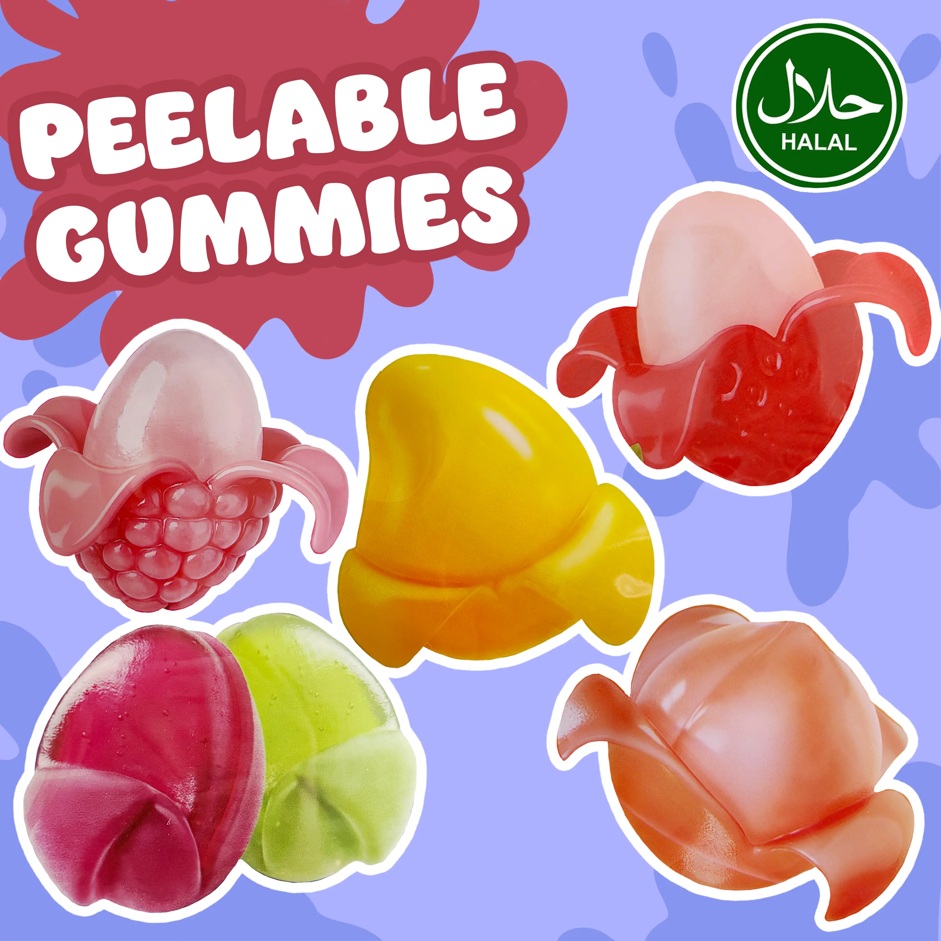 Halal Peelable Gummy Candy – Peach, Strawberry, Raspberry, Grape, & Mango (65 g)