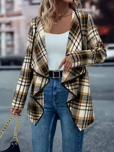 A women's yellow brown checkered irregular Casual jacket, suitable for commuting to work, shopping, outdoor activities, indoor and outdoor wear