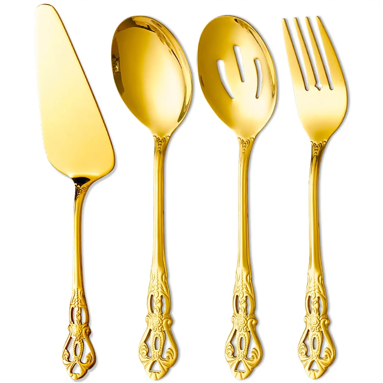 4PCS Retro Royal Serving Utensils, Fork And Spoon Set, Stainless Steel Pie Server/Serving Spoon/Slotted Serving Spoon/Serving Fork, Flatware Set For Banquet/Party/Christmas, Festive Table Decor, Cutlery Tableware