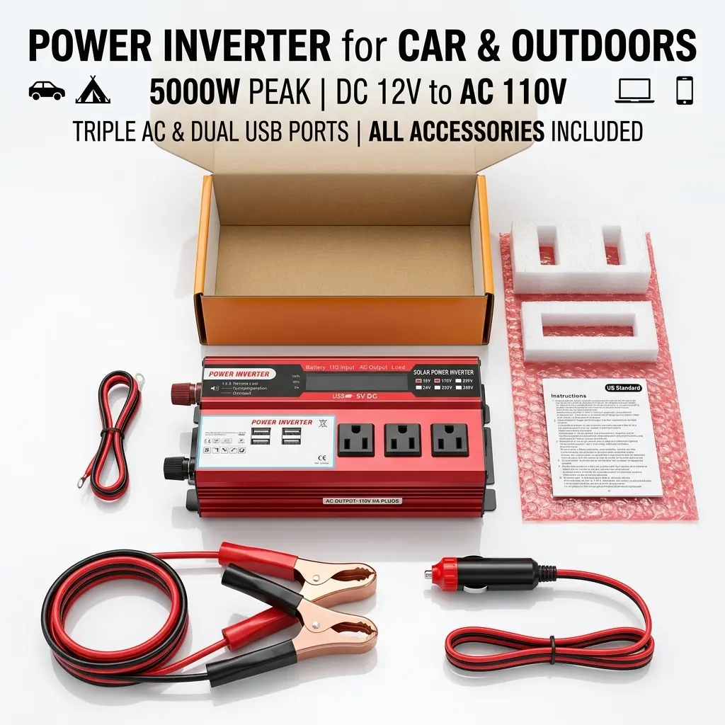 Compact Peak 5000W DC 12V to 110V AC Power Inverter, 3 AC Outlets, Dual USB 2.4A Ports, LED Voltage Indicator, Car Plug & Battery Clamps Included, Power Conversion Tool for Boondocking RV Emergency Use