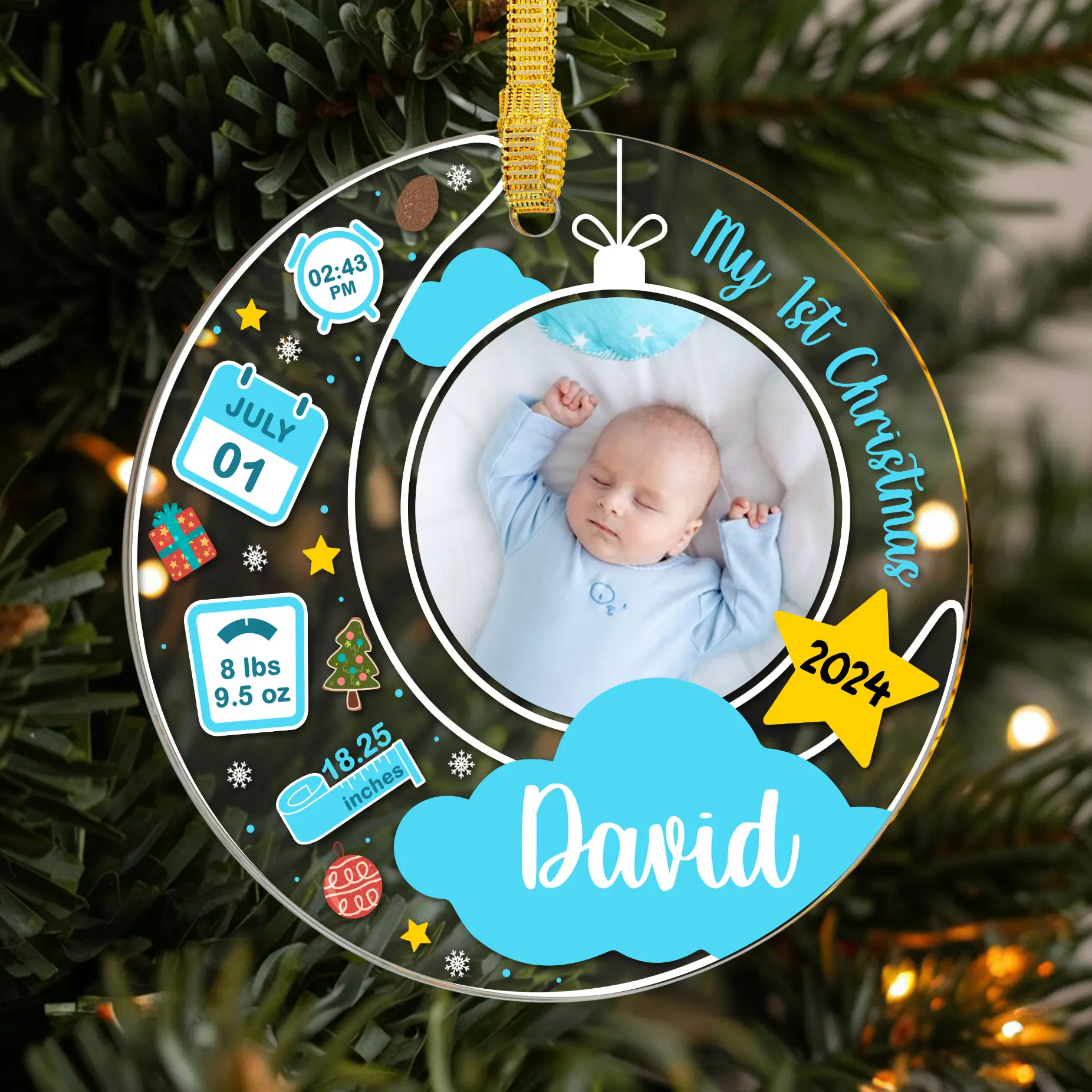 Custom Baby's 1st Christmas Ornament, Personalized Keepsake for Newborn Boys, Capture Special Birth Details with A Unique Photo Ornament, Memorable Holiday Decoration