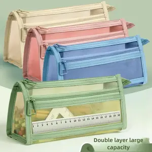 Morandi Grid Mesh Pencil Case with Handle & Zipper, Transparent Dual-Layer Makeup Bag, Cute Clear Stationery Organizer for Adults