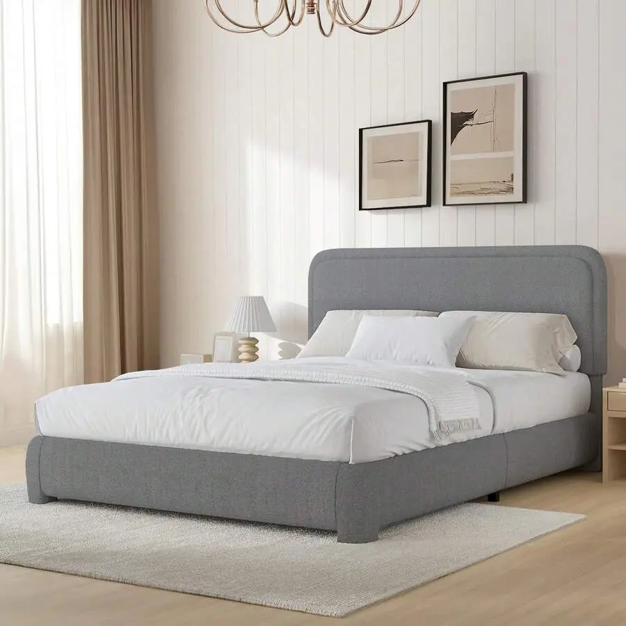 Bed Frame, Upholstered Bed Frame With Headboard, Boucle Soft Bed For Bedroom, Easy Assembly, Twin/ Full/ Queen/ King/ Cal King, White/ Beige/ Black/ Rose Pink/ Light Grey/ Grey/ Green