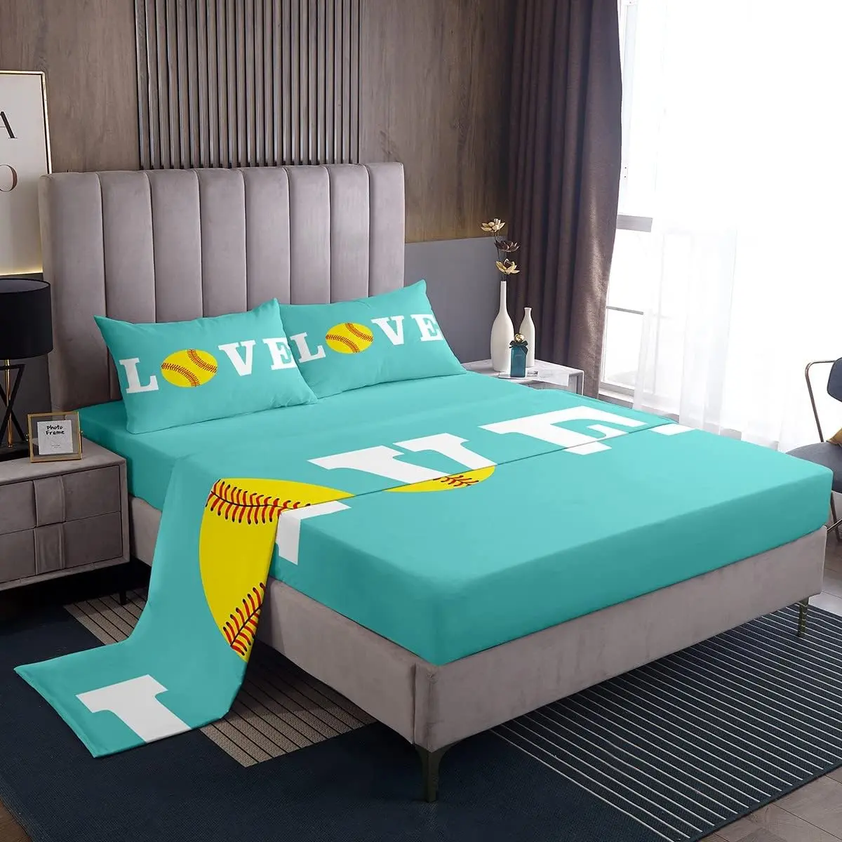 Feelyou Sports Motif Softball Bedding Set - Deep-Pocket Fitted Mattress Sheets, Smooth Texture, Breathable Machine-Washable Textile, Bright Teal Yellow Girls’ Room Decor, Full/King Sizes