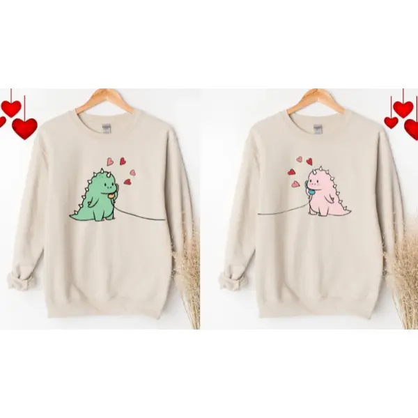 Personalized Kawaii Dinosaur Couple Sweatshirt| Cute Matching Dino Sweatshirt for Couples | Perfect Gift for Lovers