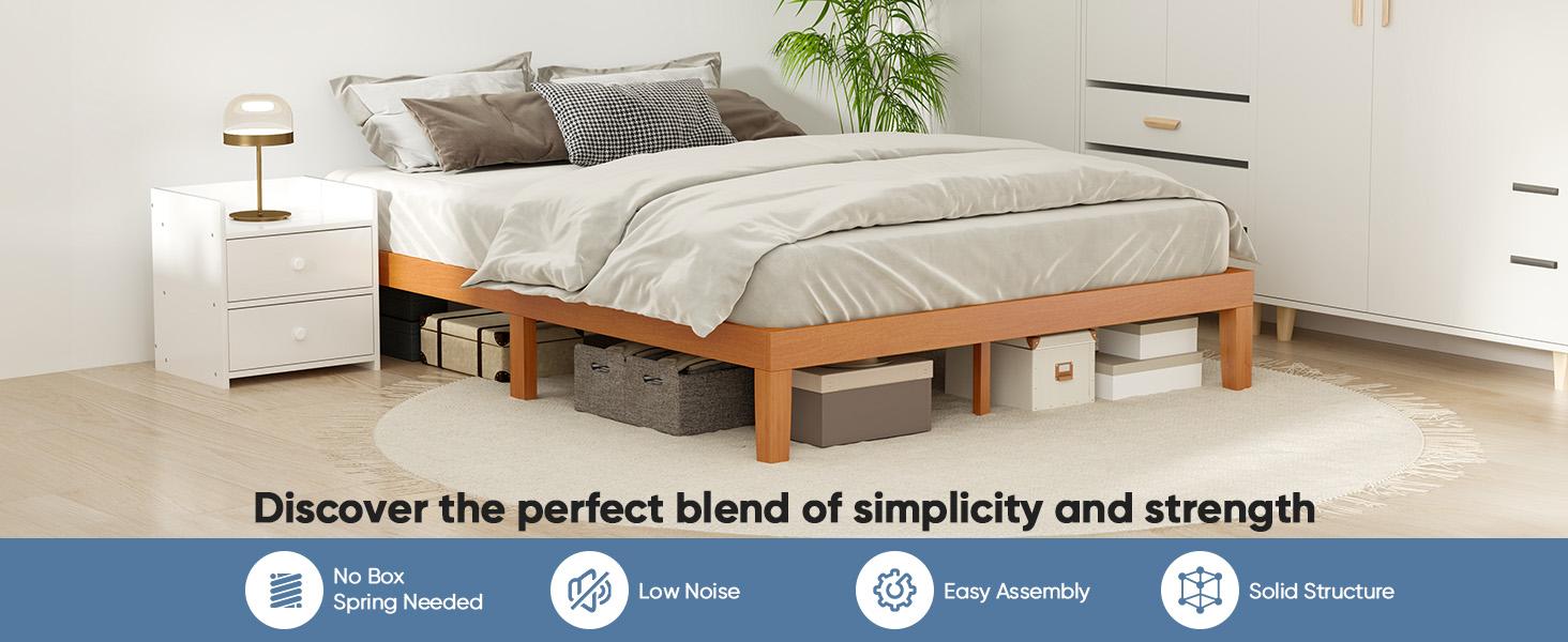 Solid Wood Platform Bed Full Size – Natural Pine Frame with Wooden Slats, No Box Spring Needed, Easy Assembly
