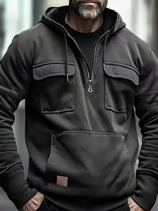 Men's plus size hoodie solid color hoodie youth sports multi pocket leather sweater jacket