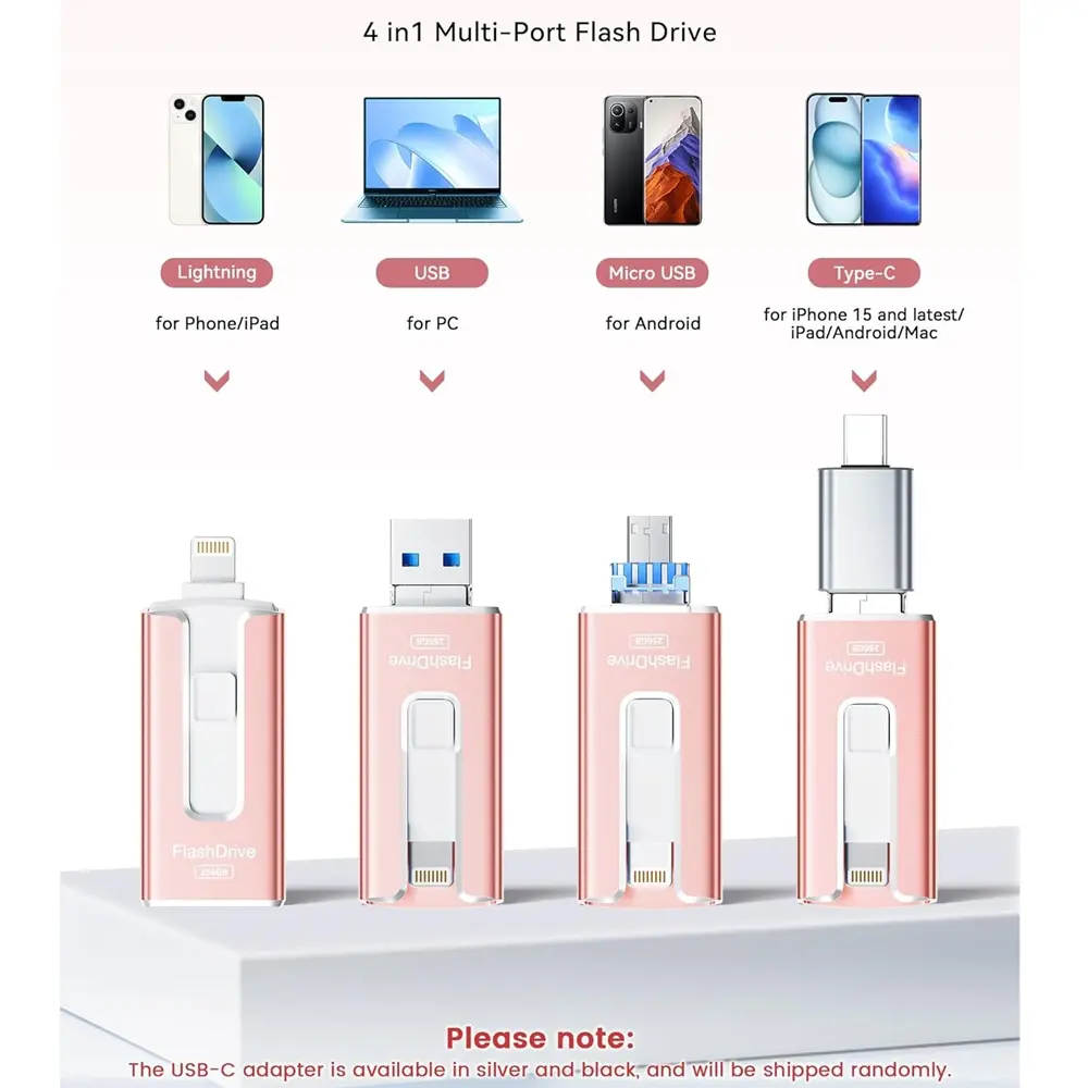 Flash Pen Drive for iPhone iPad, Photo Stick for External Memory Storage, Easily Back Up and Save Photos Videos, USB Flash Drives USB Memory Stick Thumb Drive with Multi Port Design, Lightning and Type-C Adapter for iPhone/iPad/Android/PC