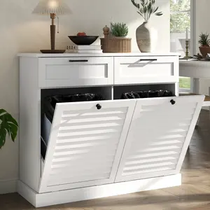 20 Gallon Trash Can Cabinet with Shutter Front & Drawer, Double Tilt Out Laundry Hamper Cabinet, Hidden Garbage Can Bin Cabinets with Laundry Storage Basket