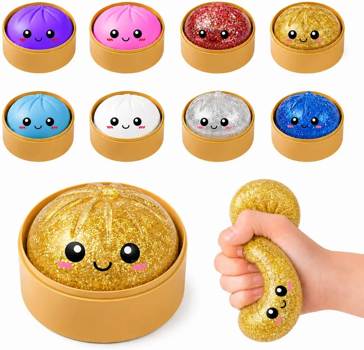 Glitter Steamed Bun Squishy Figurine, Bun Shaped Desktop Squeeze Ornament , Glitter Filled Slow Rebound Shell, Matching  Steamer Case, Single Tone For Home & Office Table Layout