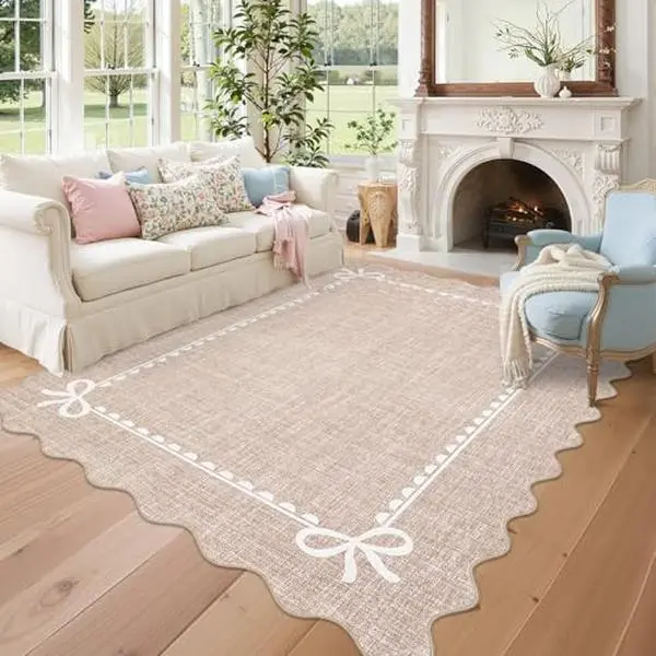 GARVEE 5x7 Scalloped Bow Rug for Living Room,Solid Camel Rug for Dorm,Washable Runner Rugs Soft Low Pile Non Slip Scalloped Rugs for Nursery Bedroom Decor Hallway Entryway Playroom