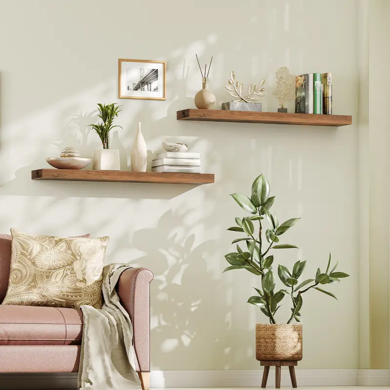 HOOBRO 2 Shelf Set 47.2in Floating Wooden Wall Shelves with Invisible Brackets (Hidden-Bracket Look), 22 lbs Max Capacity House Decor Aesthetic Home Decor Storage Solution for Living Room, Bedroom Blank Walls