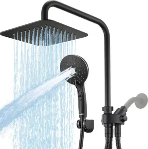 Dual Shower Head Combo, Rainfall Shower Head with Handheld, 6 Spray Settings Angle Adjustable Handheld Shower Head with Pause, Height Adjustable, Matte Black