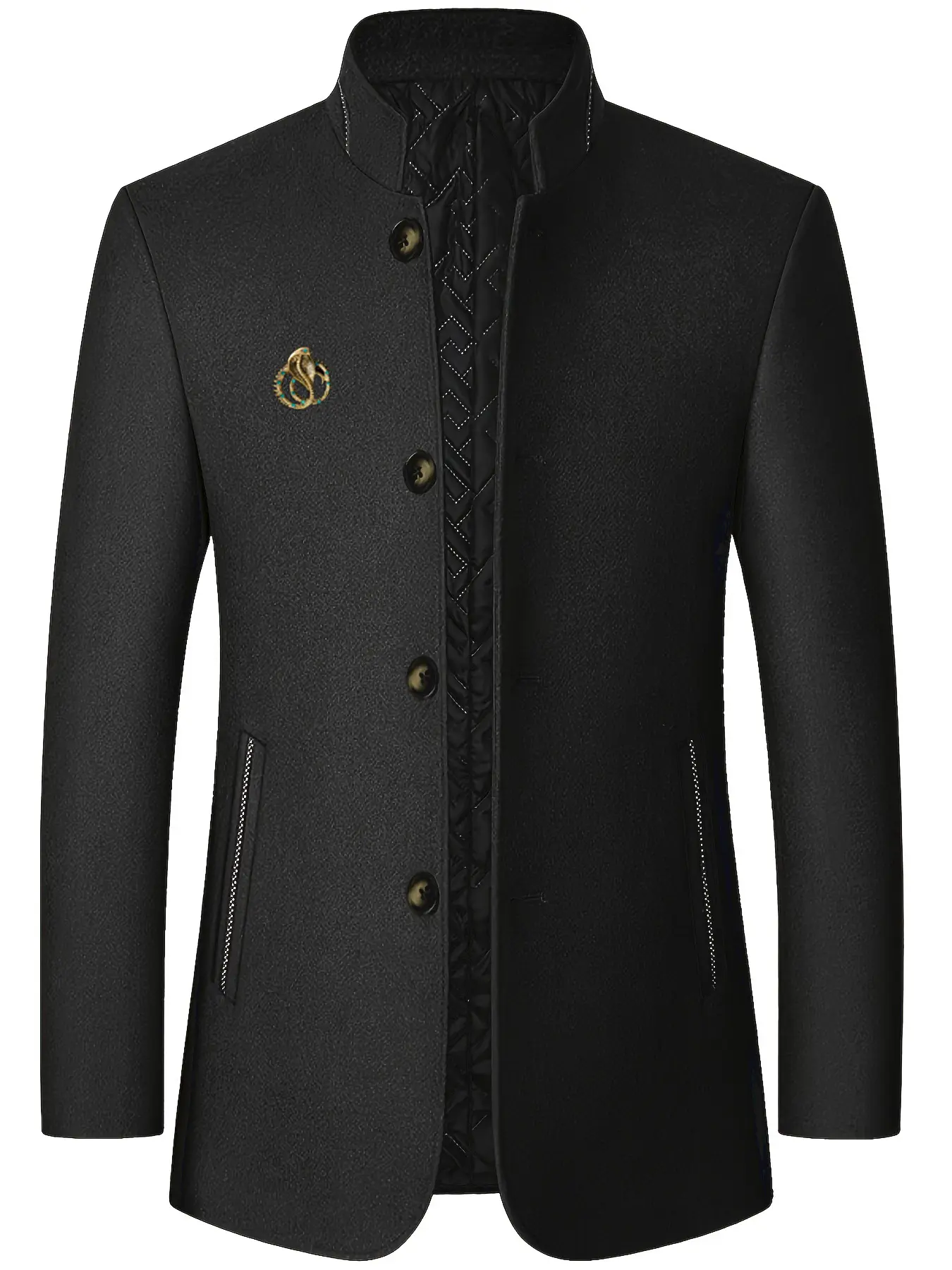 Men's casual formal style lambskin jacket - stand-up collar single-breasted side pocket jacket, semi-formal office occasions and daily wear in autumn and winter - polyester fiber lining for cold resistance and warmth, texture fabric design, Long Sleeve