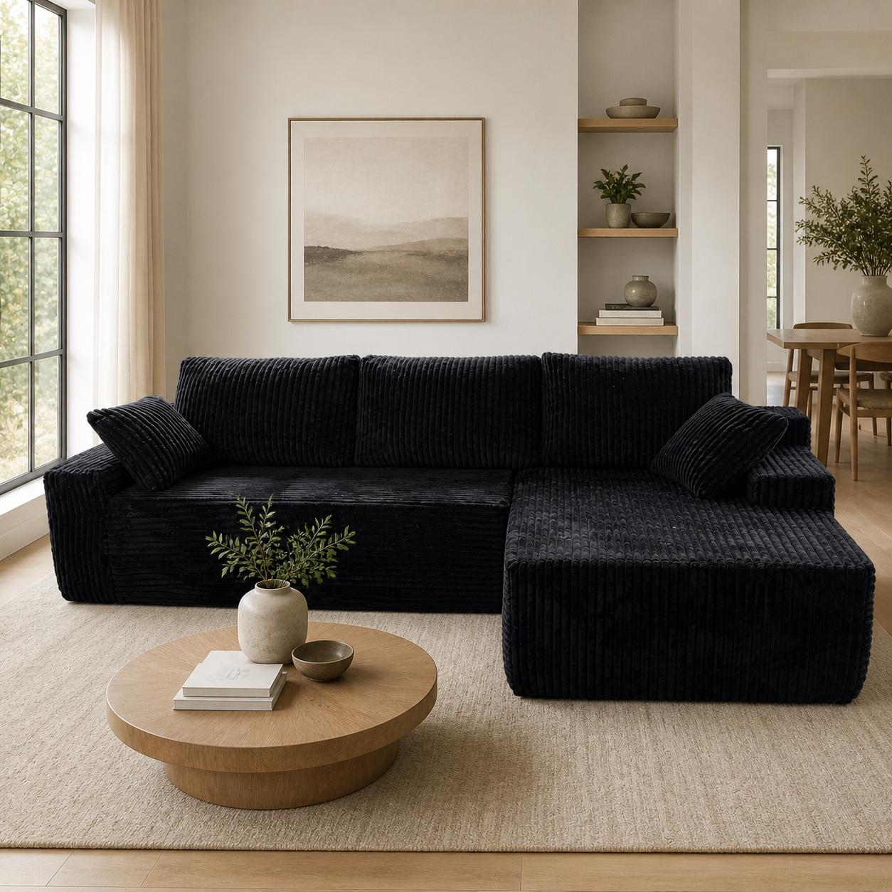 96" Cloud Couch Sofa, Sectional Sofa Couches for Living Room, Black Corduroy L-Shape Upholstered Boneless Couchs Modern Modular Sectional Couch with Chaise Lounge and Toss Pillow, No Assembly Required 96" Cloud Couch Sofa, Sectional Sofa Couches for Living Room, Black Corduroy L-Shape Upholstered Boneless Couchs Modern Modular Sectional Couch with Chaise Lounge and Toss Pillow, No Assembly Required