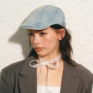 1pc Women's Classis Retro Beret Classis Denim Retro Newsboy Caps for Men,Summer Solid Washed Adjustable Flat Caps Visor Hat