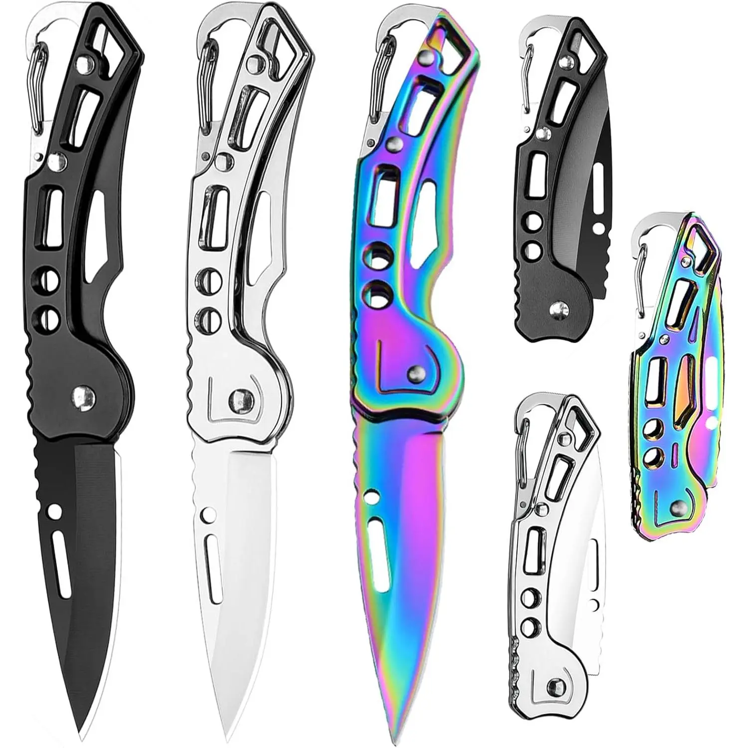 X-KC06 3 Pack Pocket Knife, Folding Knife with Keychain, Self Defense Knife for Women & Men, Stainless Steel Small Sharp Pocket Knife, Carabiner Knife for Outdoor Camping Hiking Mens Gift