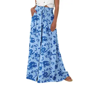 Women's High Waisted Baggy Polyester Pants - Casual Wide Leg Bottom Clothes, Summer Floral/Solid Long Palazzo Trousers with Pockets for Lounge, Beach