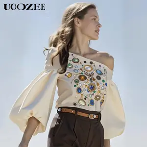 UOOZEE Women's Collared 1-Shoulder Polyester Bubble Longsleeves Button Blouse - Retro, Loose-Fit, Fitted, Comfortable, Floral, Gemstone Decoration, Slimming, Elegant Casual Shirts with Stylish Design