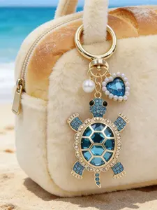 Luxury Sea Turtle Keychain Bag Charm, Rhinestone Crystal Turtle Pendant With Pearl & Heart Charm, Ocean Beach Style Key Ring For Women Girls, Cute Animal Purse Charm For Handbag Backpack Wallet Car Keys, Summer Vacation Aesthetic Accessory,