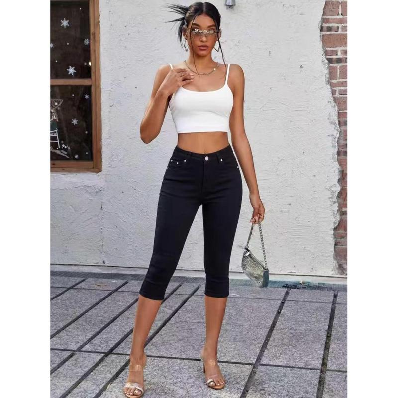 Women's Black High Waisted Capri Jeans - TikTok Viral Y2K Baddie Stretchy Denim Shorts, Rivet Detail Slim Fit Mid Calf Pants for Summer Club Outfits