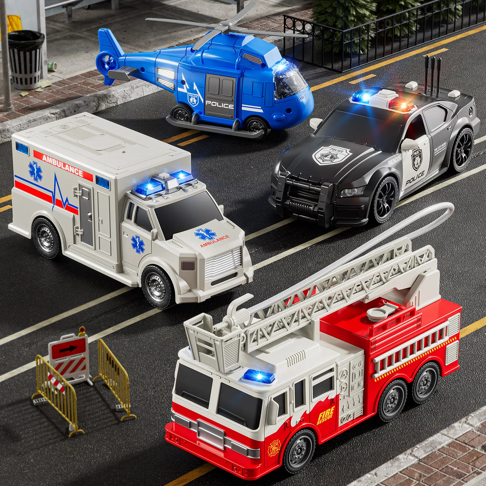 4-Pack Unisex Imaginative Emergency Vehicles Set - Friction-Powered Helicopter, Police Car, Fire Truck, Ambulance Toys for Kids Ages 3-12, Encourages Creativity, Great Gift