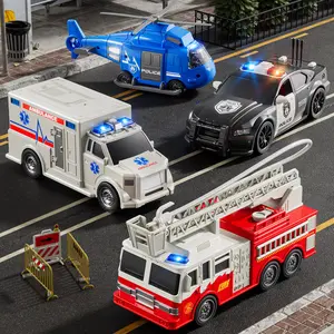 Thrilling 4-Pack Emergency Vehicles Set for Kids Helicopter Police Car Fire Truck Ambulance Friction Powered Toys Gifts for Age 3-12