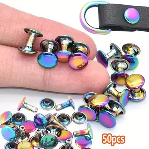 50pcs Rainbow Tubular Double Cap Rivets - 9mm Rainbow Metal Button Round Rapid Rivet, Rivet Studs for Purse Bags Handbags Shoes Belts Leather Craft Repair