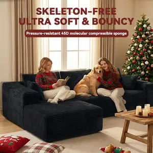 【2 Packages Shipping】Juvani 110" Plush Corduroy Cloud Velvet Modular L-Shaped Sectional Sofa Set with Chaise 38cm High-Resilience Sponge No Assembly Required 110"W x 69"D x 33"H 3 Seater,real boneless couch