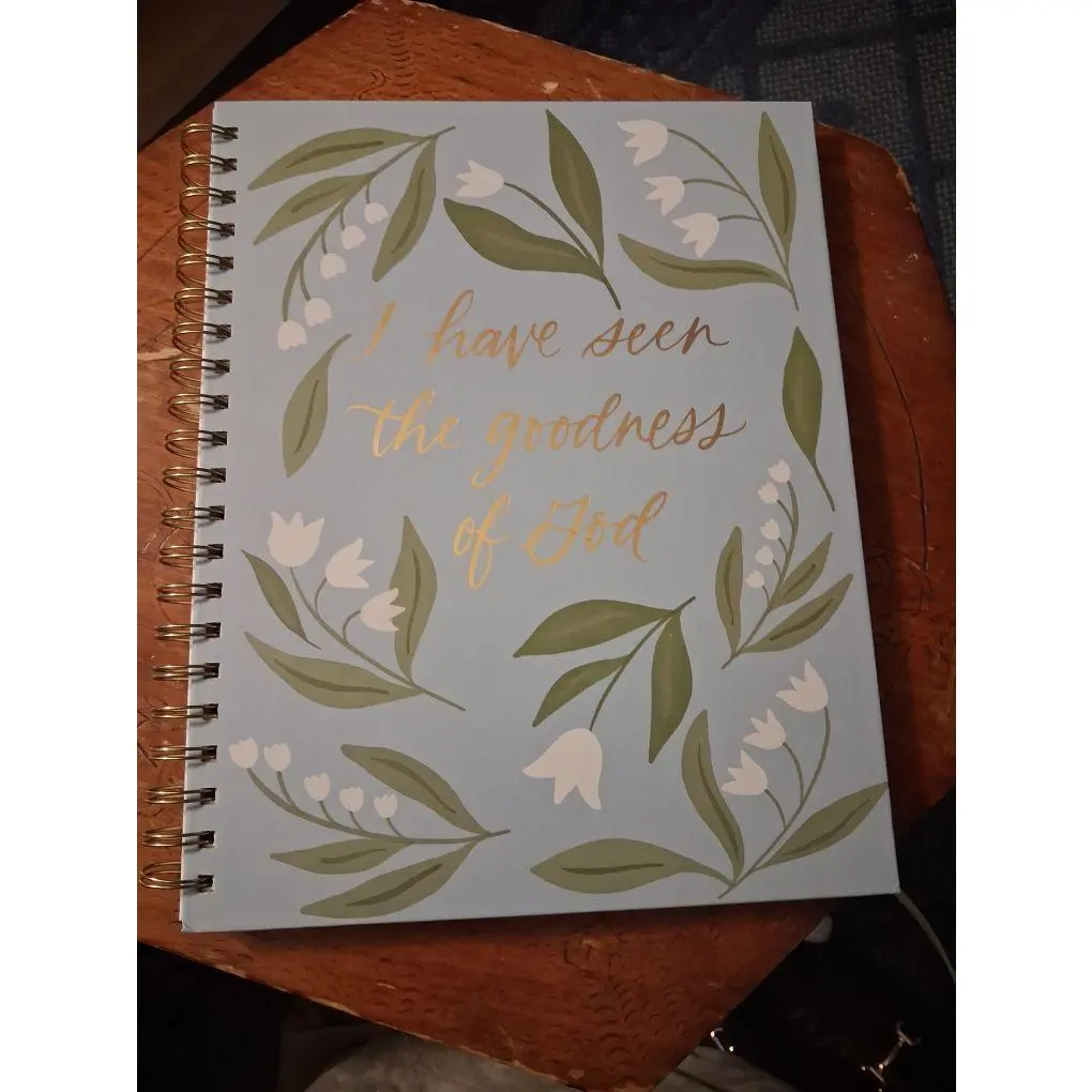 Spiral Notebook with "I Have Seen the Goodness of God" Design, Featuring Floral and Leaf Patterns, Ideal for Journaling and Note-Taking