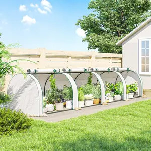 177.2" x 39.4" x 31.5" Mini Greenhouse – White. 4 Large Roll-Up Zippered Doors. 140 gsm PE Cover (Waterproof & UV-Resistant). Wide & Low Design. Tool-Free Assembly