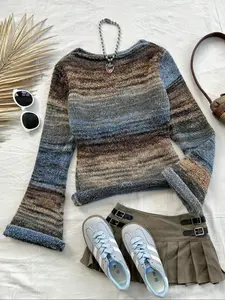 Women's Fashion Colorblock Striped Knit Top, Boat Neck Flare Sleeve Slim Fit Sweater, Autumn Winter Casual Vintage Style Knitwear