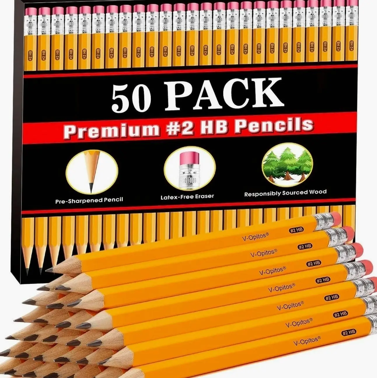 V-Opitos Wood-Cased #2 HB Pencils, 50 Pack Bulk Yellow Pencils with Erasers, Pre-Sharpened, School Classroom Teacher Supplies for Writing, Drawing and Sketching
