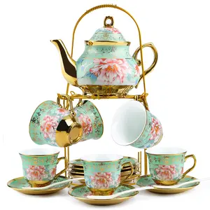 20 Pcs Porcelain Tea Set with Metal Holder, Mother Day Gift for Mom, European Ceramic Tea Set for Adults, Porcelain Flower Tea Party Set Cups Saucer Service for 6, Beautiful Tea Set for Women, Tea Party Set, Gift Pack