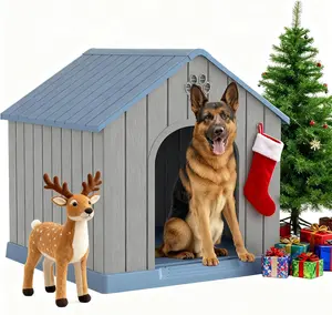 Fancyango Large Dog House Outdoor Indoor for Medium Large Dogs, Sturdy Plastic Waterproof Doghouse with Air Vents and Elevated Floor, Easy Clean and Assemble (Blue, 36.2''L×38''W×38''H)