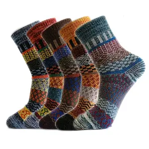 5 Pairs Men's Autumn Winter Warm Rabbit Socks - Thick Vertical Stripes Ethnic Style Design, Mid-Tube Length for Cold Weather Comfort and Cultural Fashion