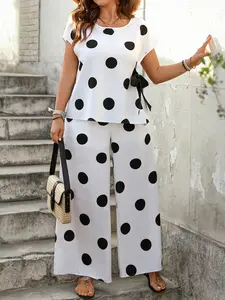 【Plus Size】 Two-Piece Set Matching Clothing Set Polka Dot Print Top & Wide Leg Pants Set, Casual Fashion Cozy Top & Trousers for Daily Outdoor Wear, Women's Clothing, Womenswear for All Seasons